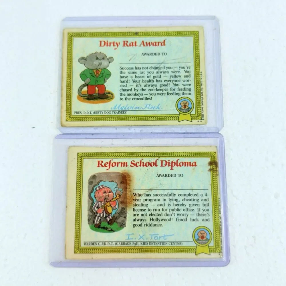 Vintage Topps Garbage Pail Kids Bony Joanie & Geeky Gary 1985 Cards With Cases